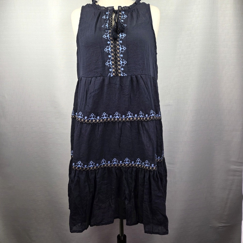 LOVESTITCH Blue Sleeveless Midi Dress Women's Large Embroidered Boho Resortwear